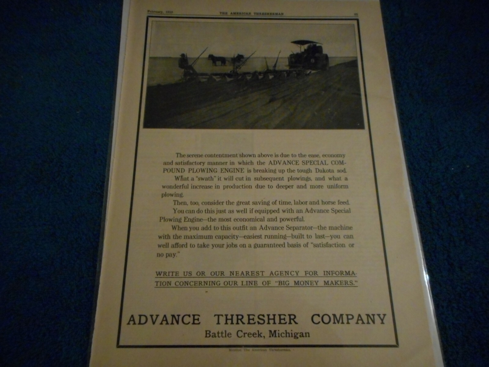 Advance Thresher Co. 1910 Advertisement: Special Compount Plowing Engine at Work