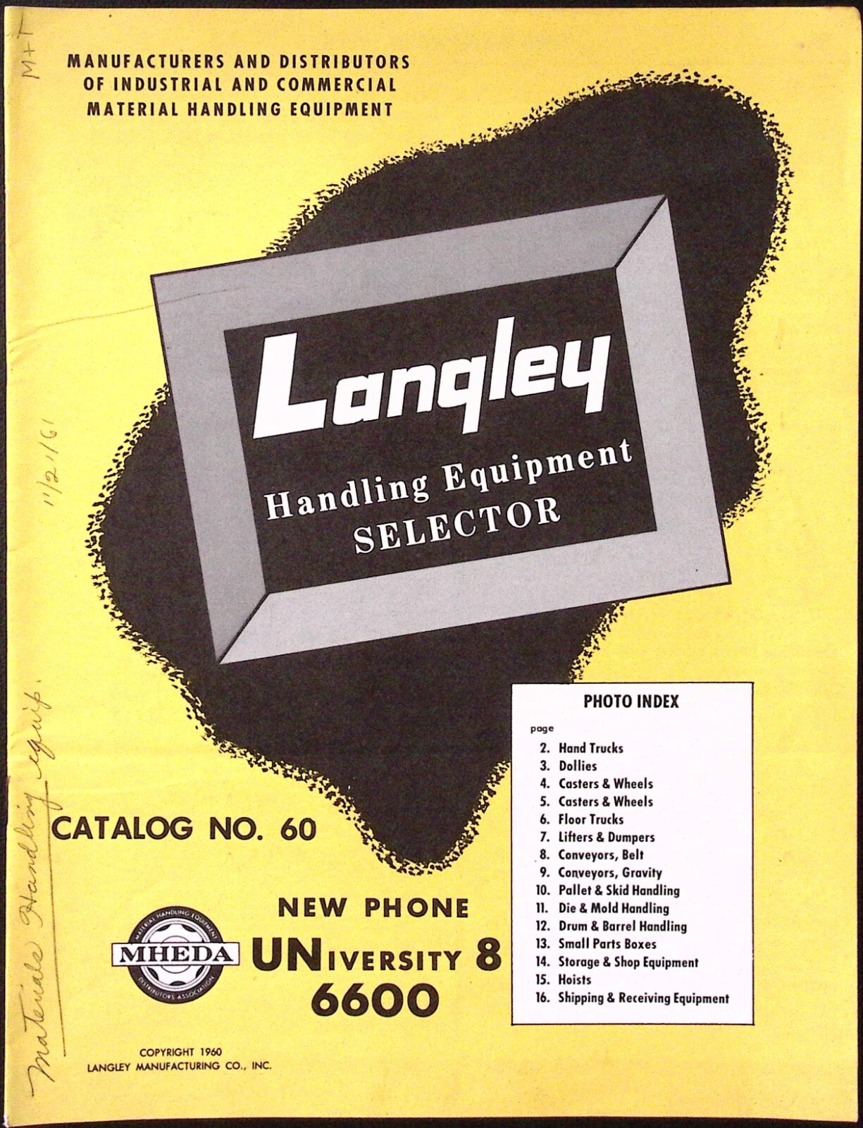 1961 Langley Handling Equipment Selector Catalog No.60 Material Handling Equip.