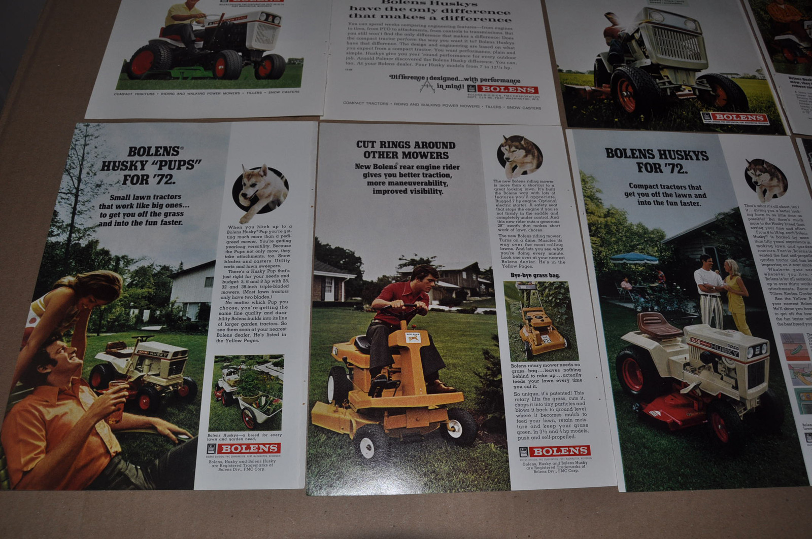 1967-73 BOLENS Lawn Tractor advertisements x10, Bolens Husky, Arnold Palmer etc