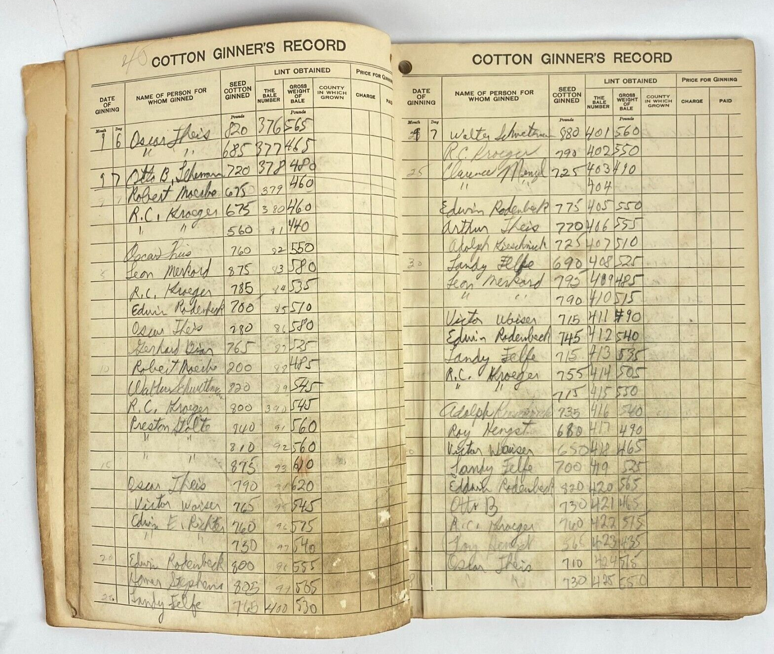 1950&rsquo;s Dept of Commerce Cotton Ginner&rsquo;s Record Book Filled Out Vintage