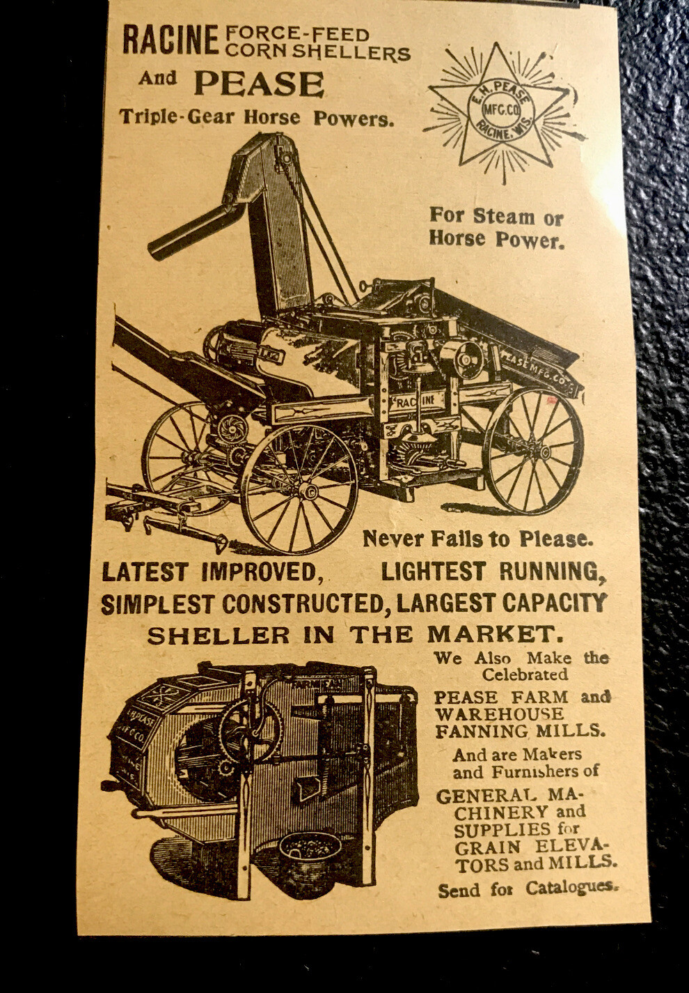 ORIGINAL 1897 Racine Corn Shellers & Pease Advertising – Wisconsin