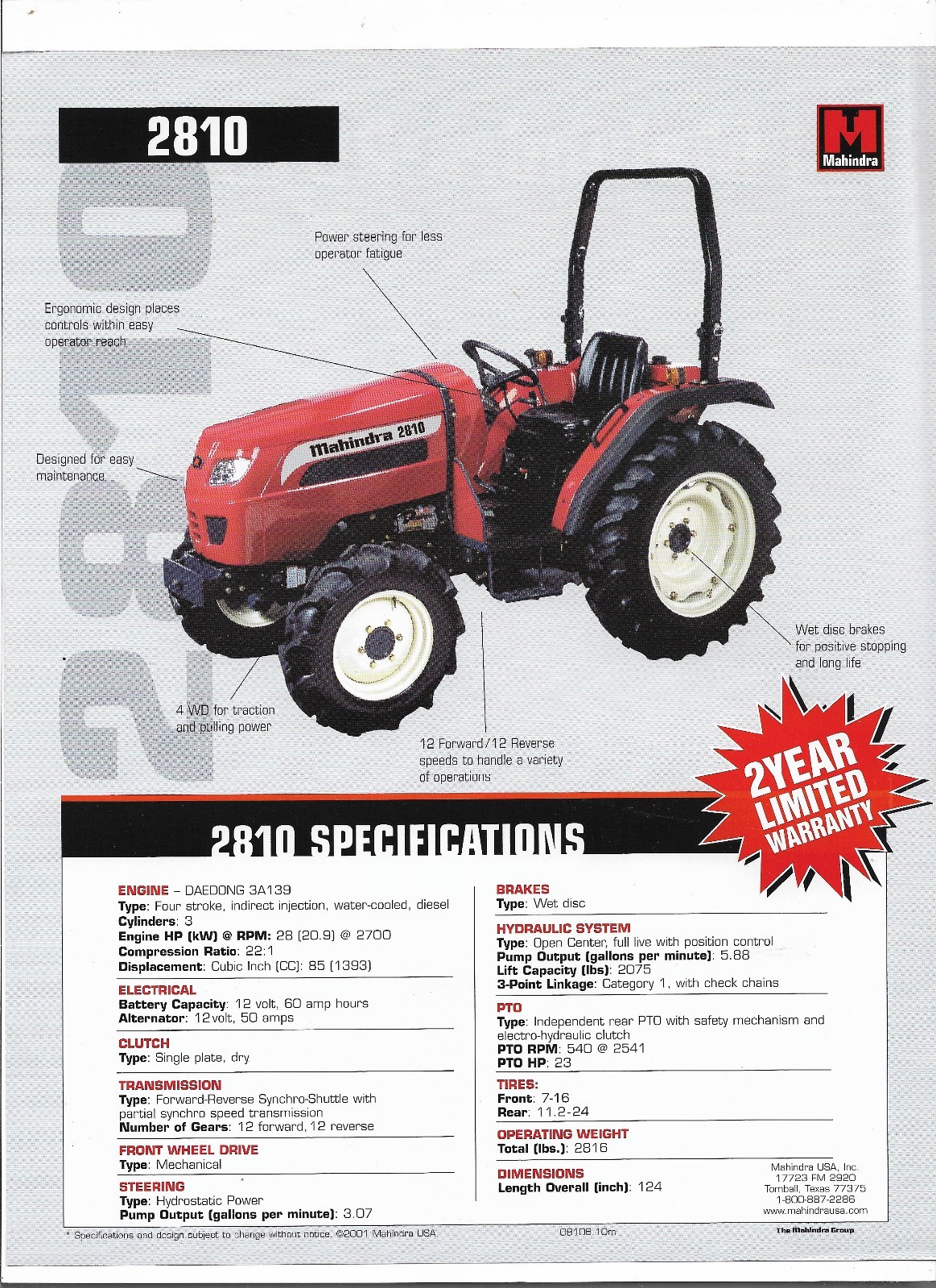 Original Mahindra 2810 Tractor Dealer Sales Brochure Spec Specifications Sheet