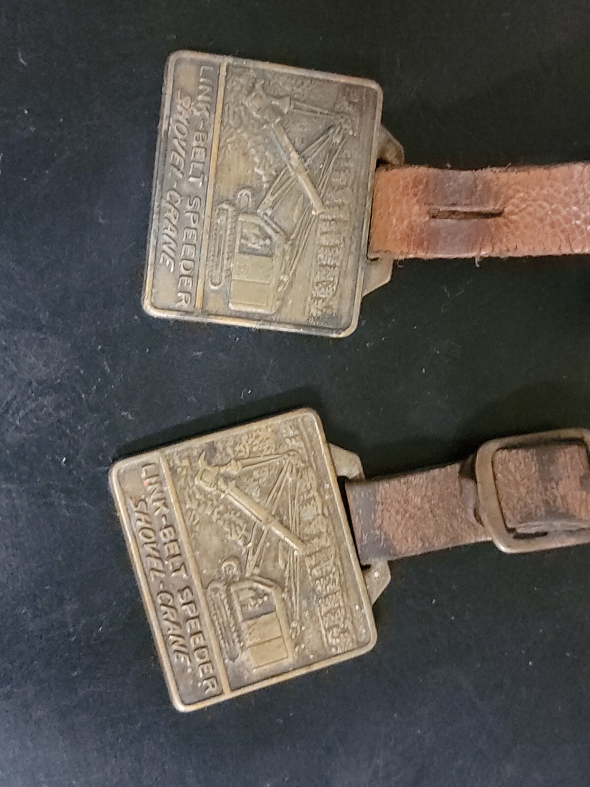 VINTAGE 2 BRASS LINK BELT SPEEDER SHOVEL CRANE WATCH FOB R&W CO.