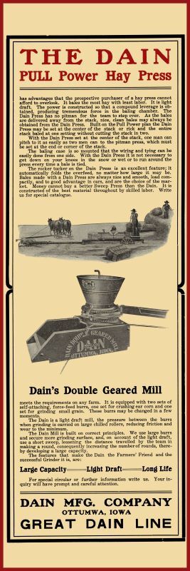 1907 Dain Pull Power Hay Press of Ottumwa, Iowa New Metal Sign: 6 x 18&Prime;