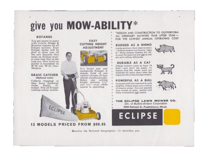 1960 Print Ad Eclipse Lawn Mowers Rotaries Grass Catcher Easy Cutting Height