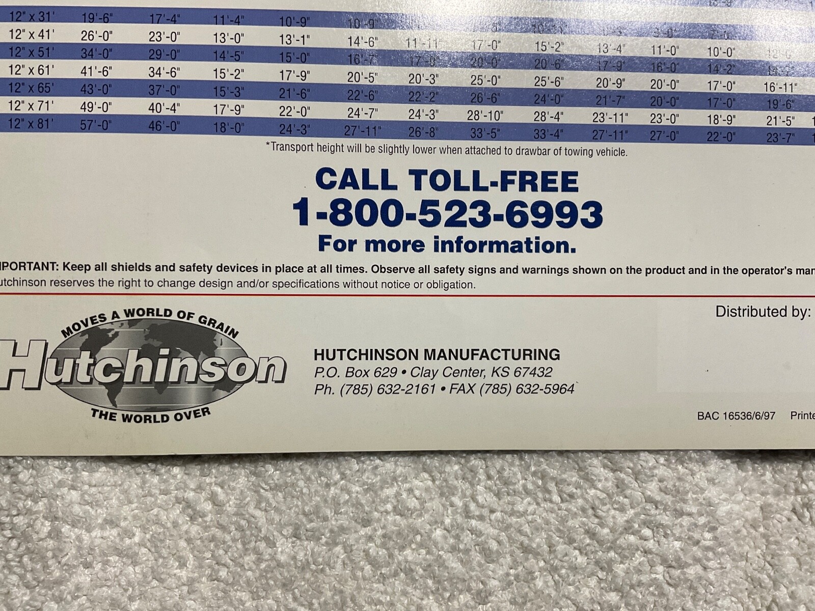 Hutchinson Manufacturing Clay Center, Kansas Century II Auger Brochure 1997