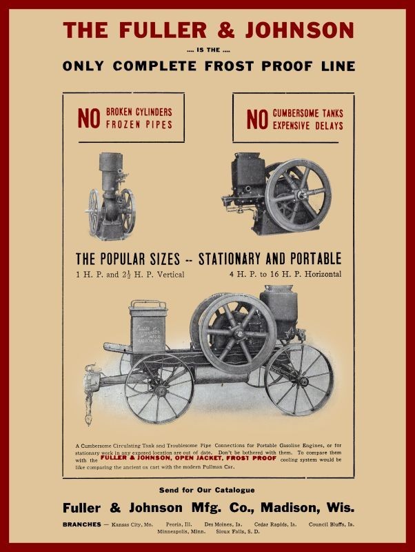 1908 Fuller & Johnson Frost Proof Gas Engines, Madison WI New Metal Sign: 9×12&Prime;