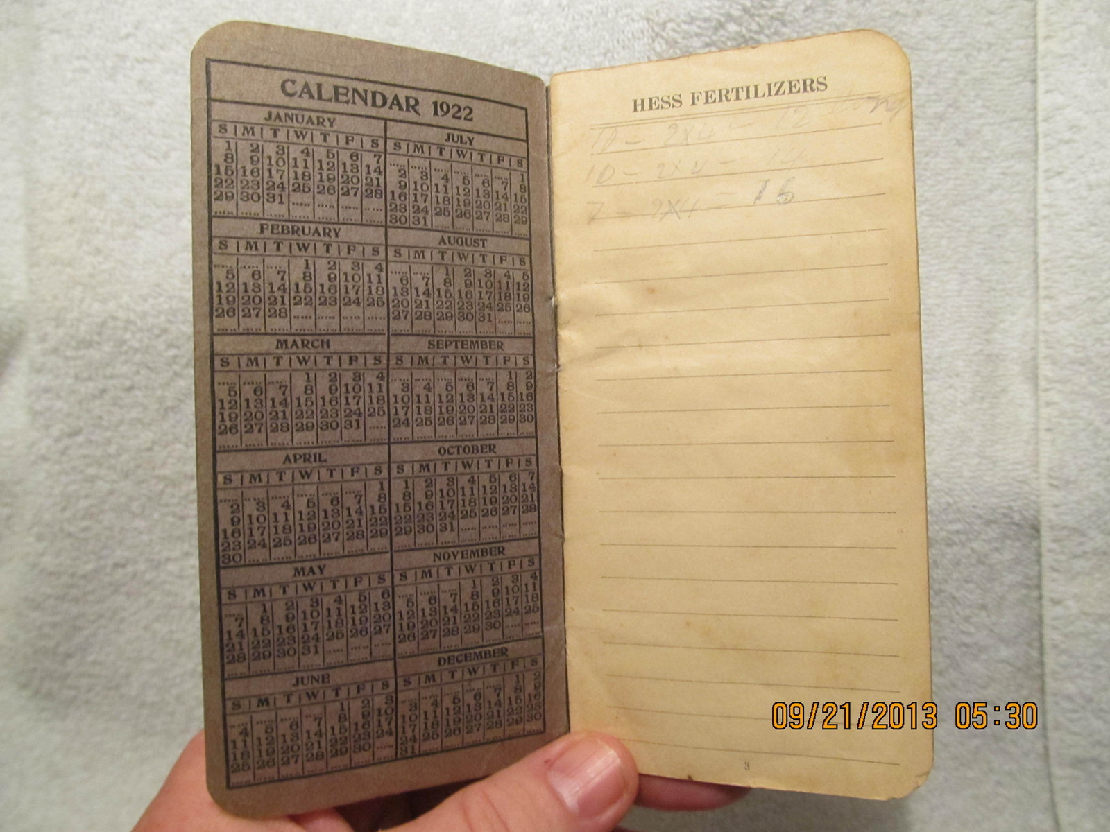 1922 Memo Book S.M. Hess & Brother Fertilizers Daylight IN Paul Young & Brother