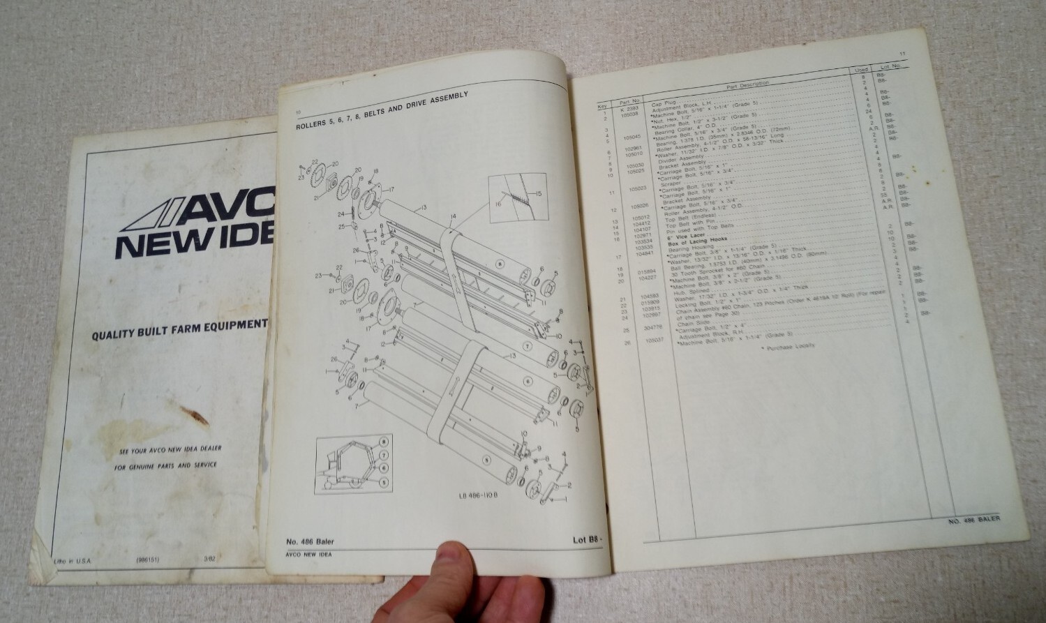 New Idea AVCO 486 RB-106 Round Baler Operator Manual & B-102 Parts List Ohio