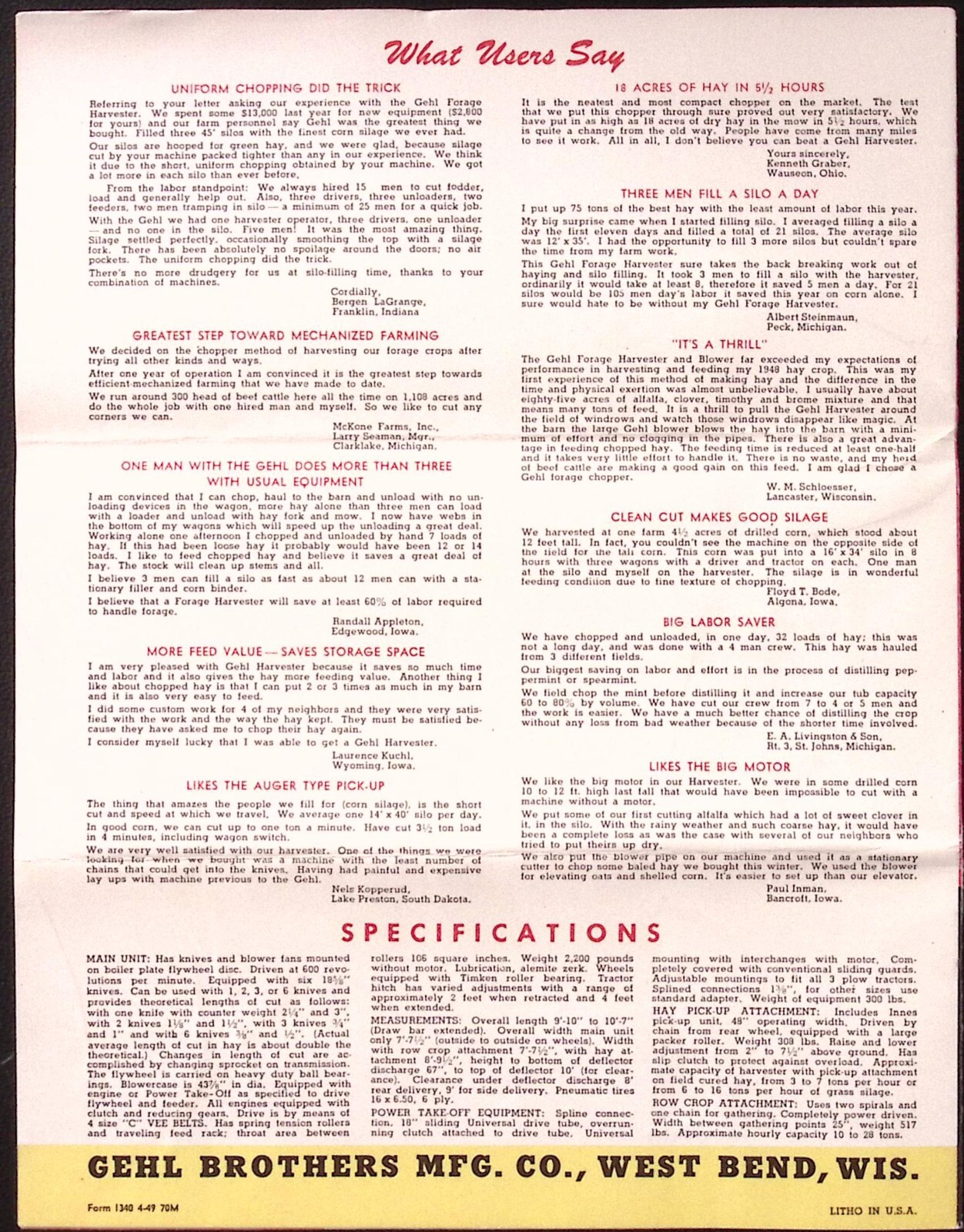 1949 Gehl Forge Harvester Dealer Brochure Sales Letter Gehl Brothers West Bend