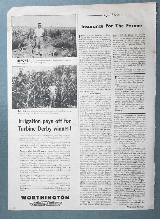 10×14 Orig 1956 Irrigation Ad Features Dean Weissert Frontier County Nebraska