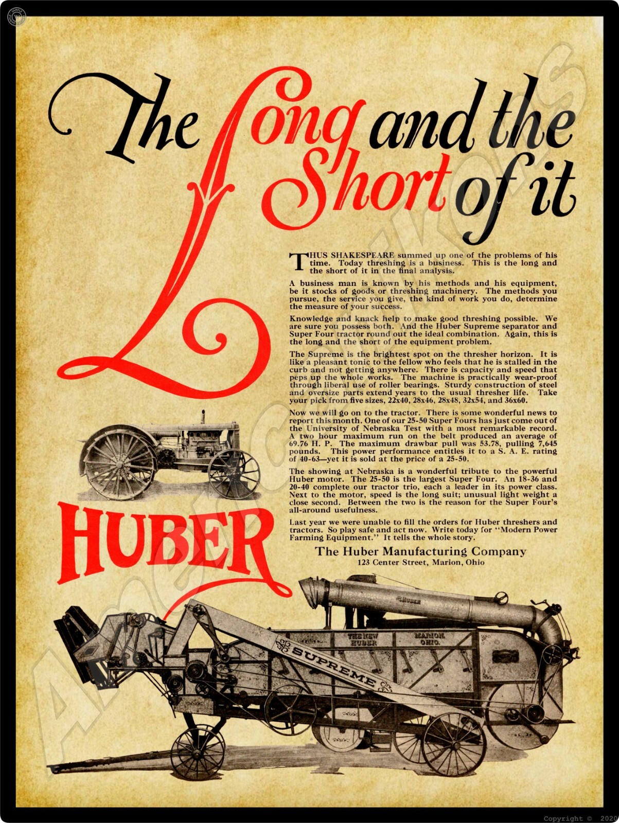 Huber Supreme Thresher, Super 4 NEW Metal Sign – 24&Prime;x30&Prime; USA STEEL XL Size 7 lbs