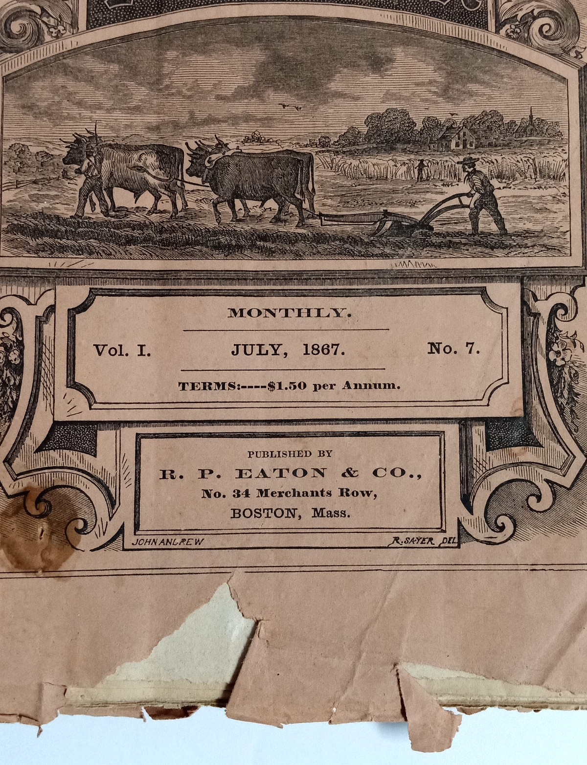 1867 New England Farmer July Monthly Devoted to Agriculture RP Eaton & Co Boston