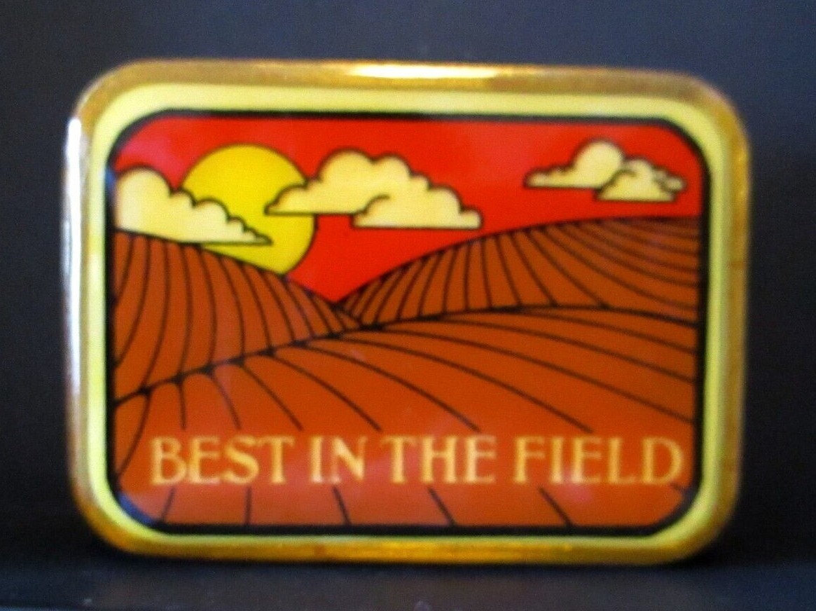 Vintage Best In The Field Belt Buckle Brass & Lacquer Agricultural Ag Farm Field