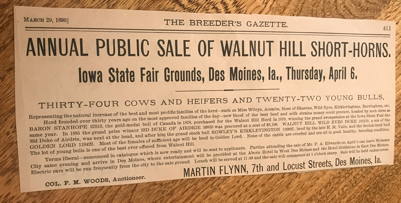 1899 Shorthorn Cattle Public Sale – Des Moines – Iowa – Cow Advertising