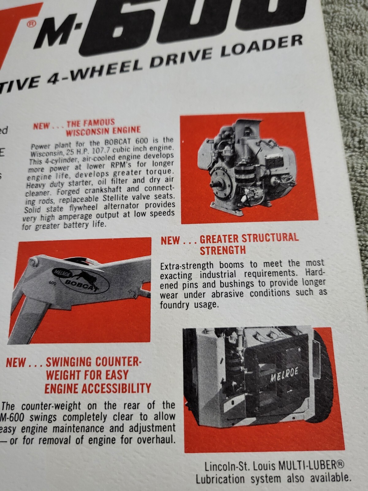 Vintage 1967 BROCHURE Melroe Bobcat Skid Steer Loader M600 25hp Wisconsin engine