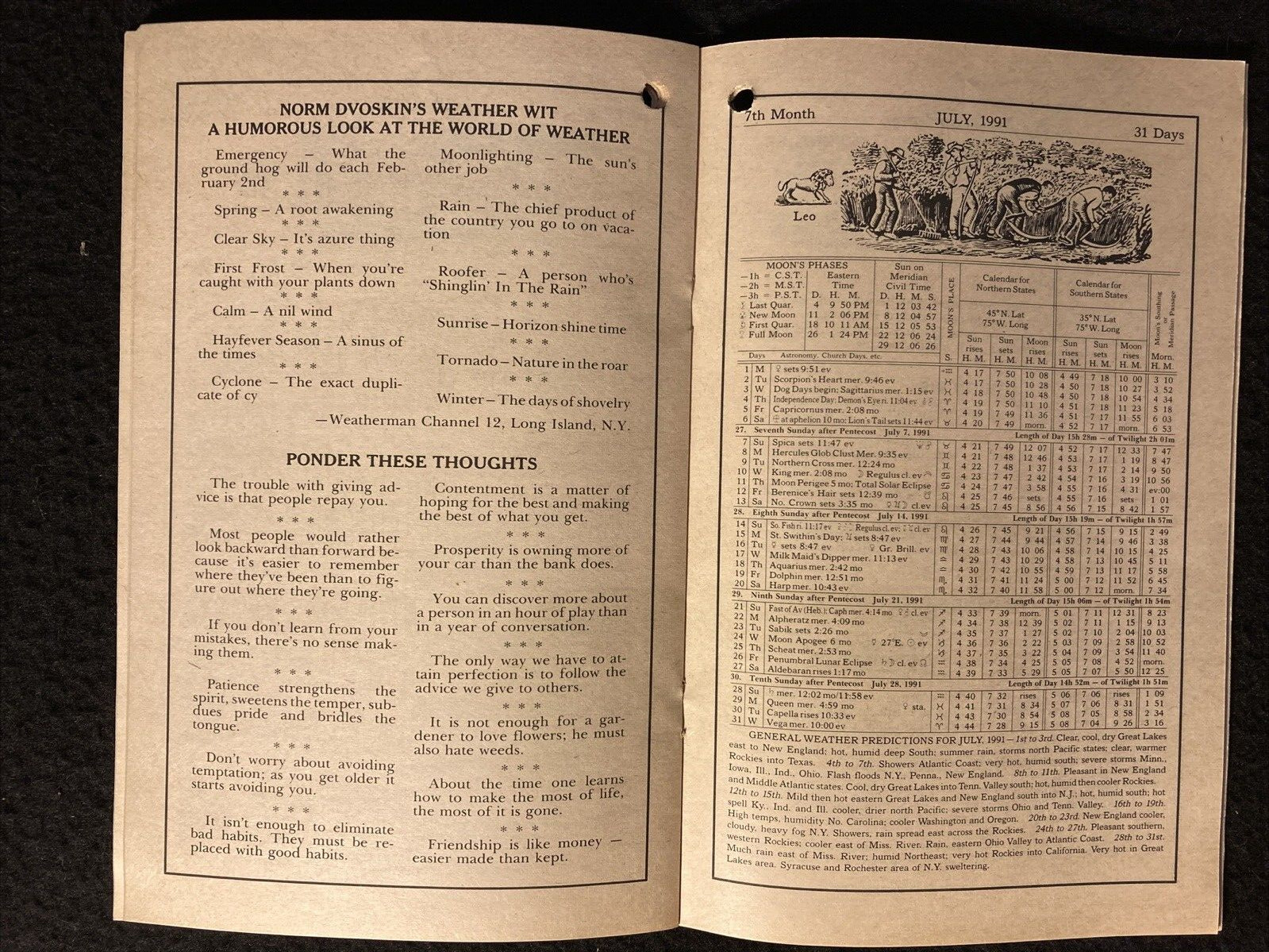 1991 Farmers Almanac from IGA Stores Vol 174 Planting Calendar Agricultural Plan