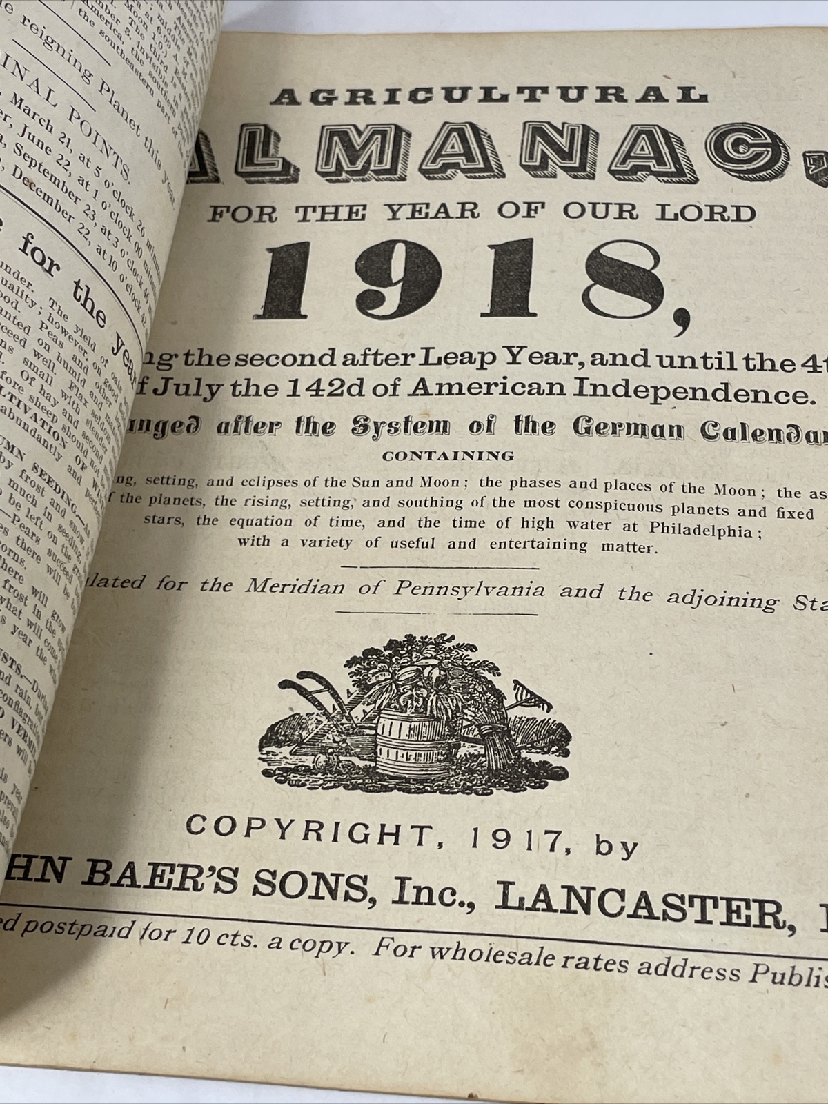 Vintage 1918 John Baers Sons Agricultural Almanac Lancaster Penn Farmers Almanac