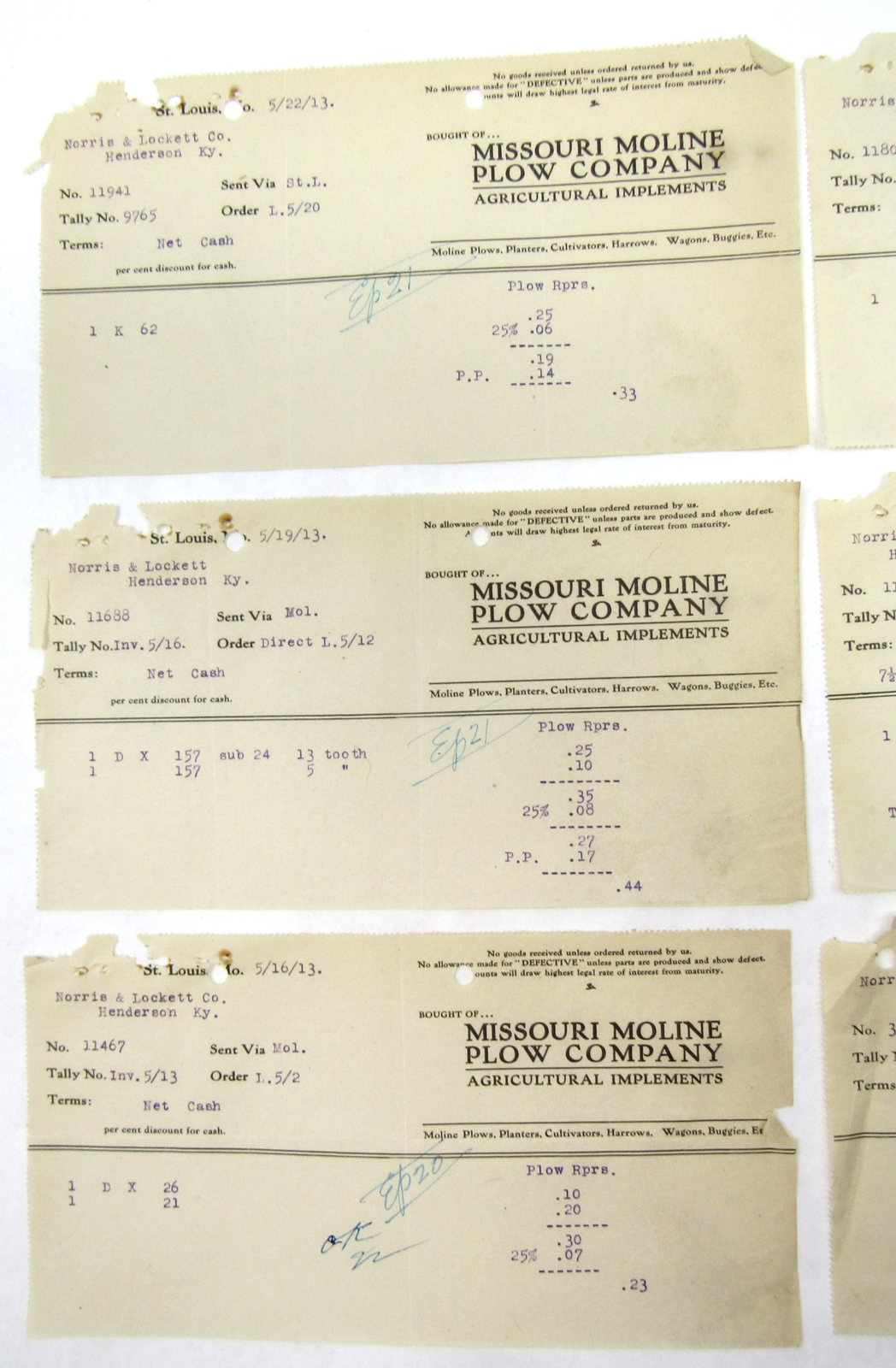 1913 Missouri Moline Plow Company Lot Billheads Norris Lockett Henderson KY