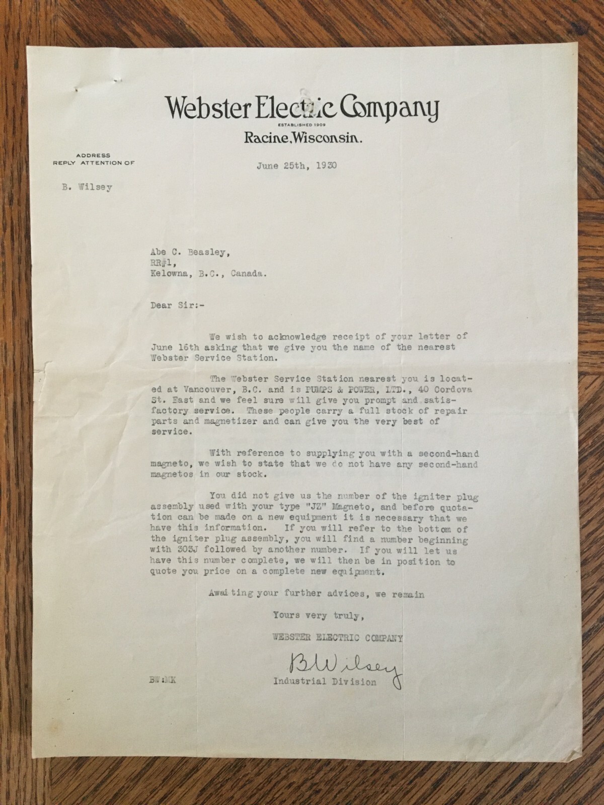 Webster Electric Co Motor Machinery Receipt Letter 1930 Kelowna BC Cattle Ranch