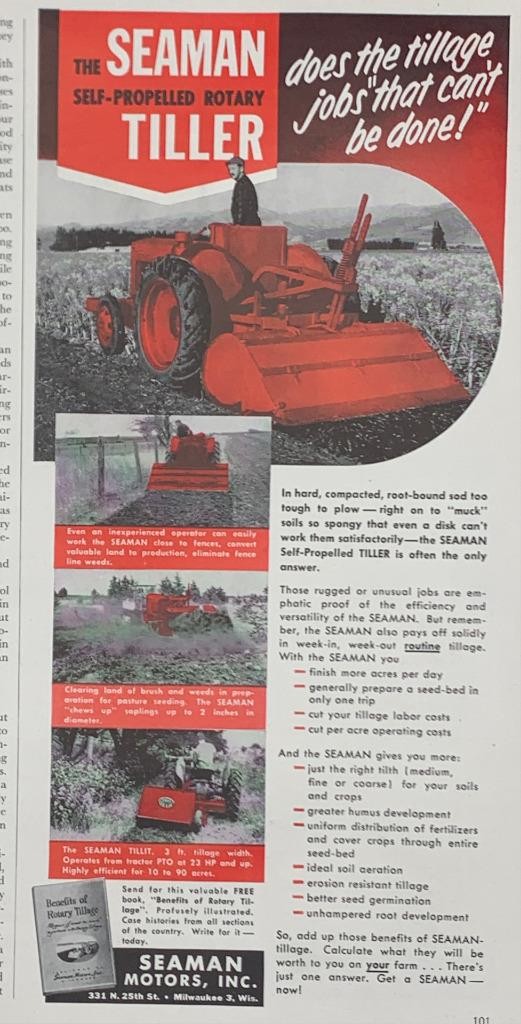 Magazine Ad* – 1952 – Seaman Motors Inc., Milwaukee, WI – Rotary Tiller