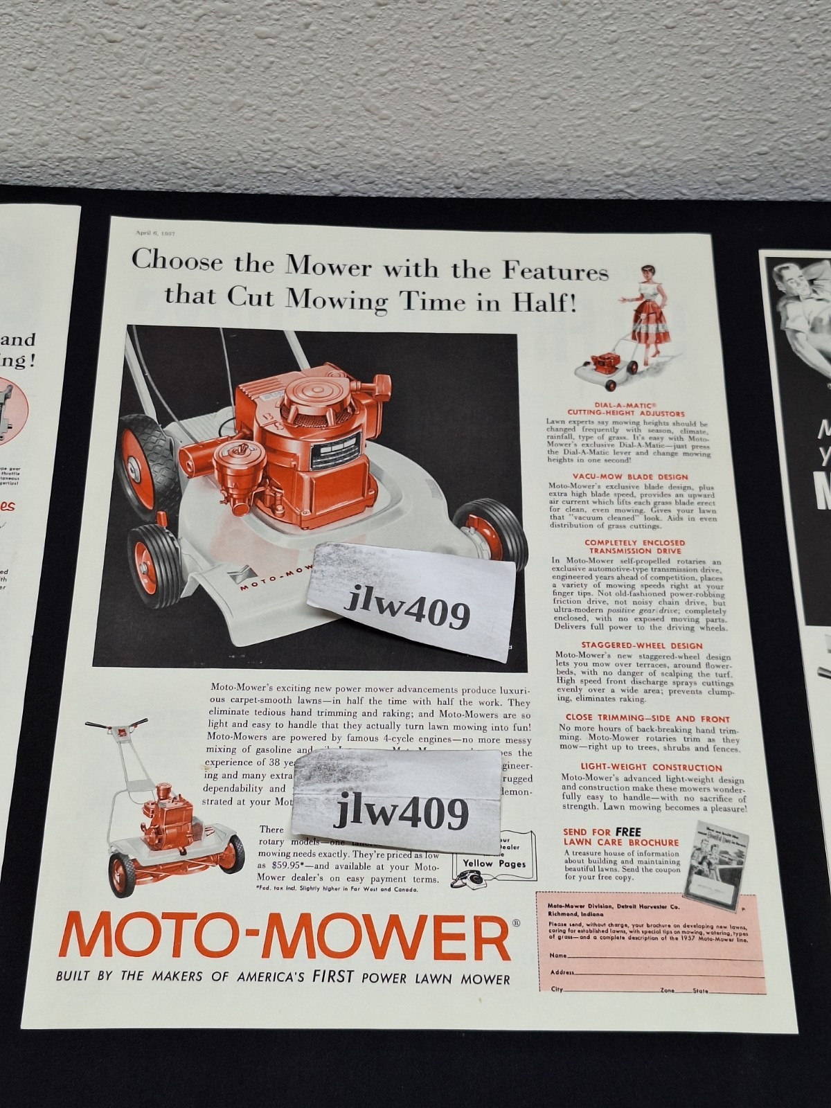 3 Vintage 1956 1957 1958 MOTO-MOWER LAWN MOWER Original Print Ads Magazine