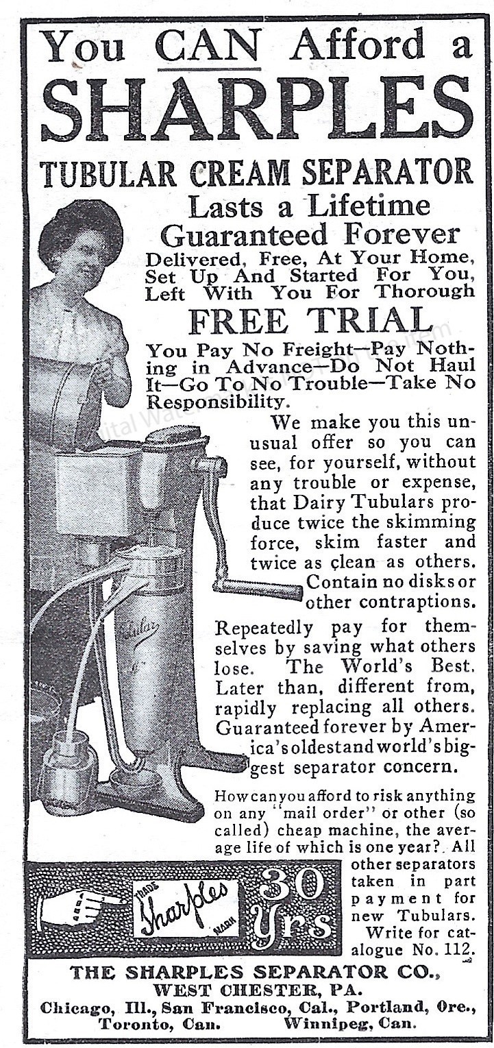 1911 Sharples Tubular Cream Separator Ad* Sharple’s Separator Co West Chester PA