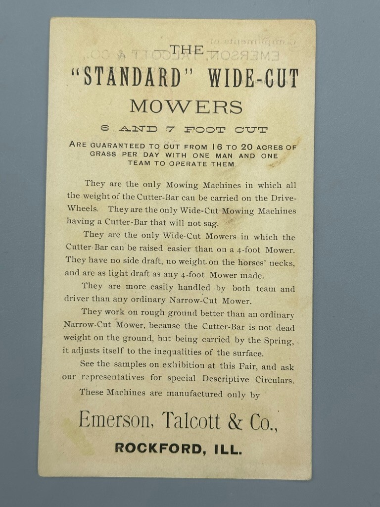 1880s FARM MACHINERY Emerson Talcott MOWER Advertising Trade Card ROCKFORD IL