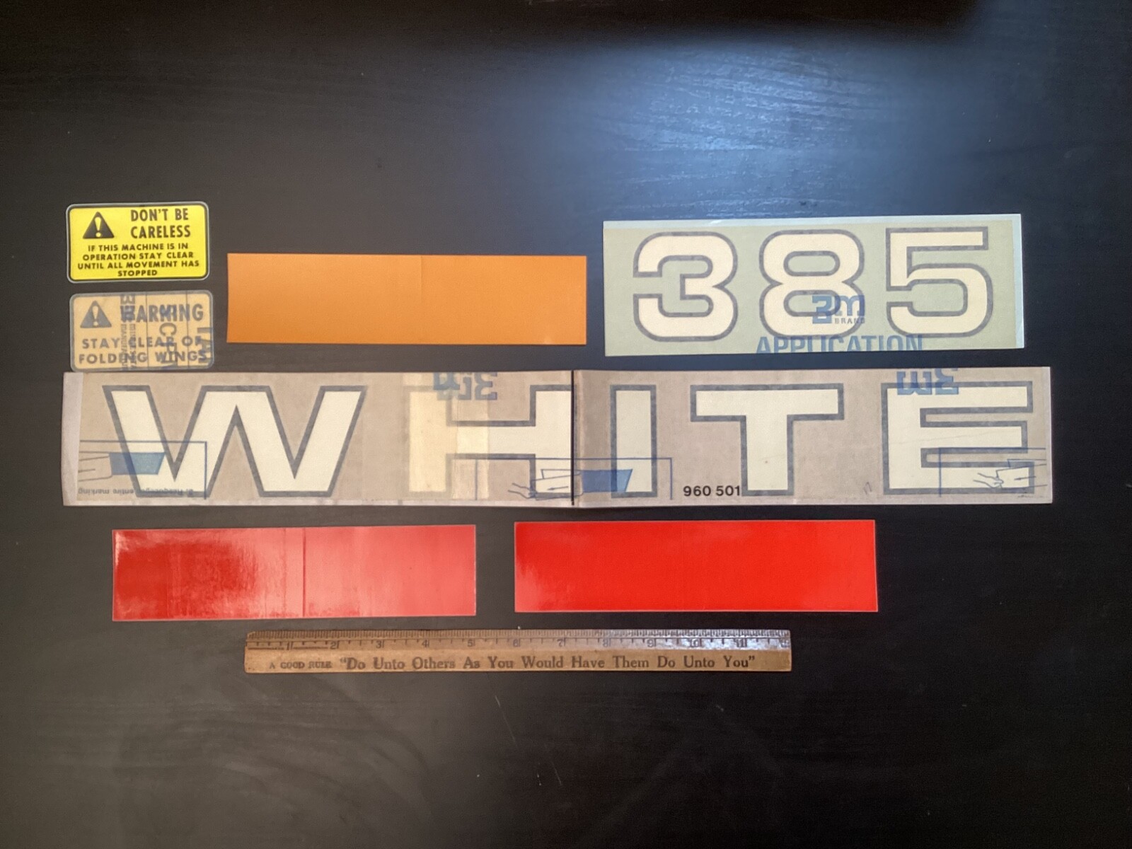 Seven Vtg. Decals White Farm Equipment « 385 » « White » « Safety » 2 Red, Orange