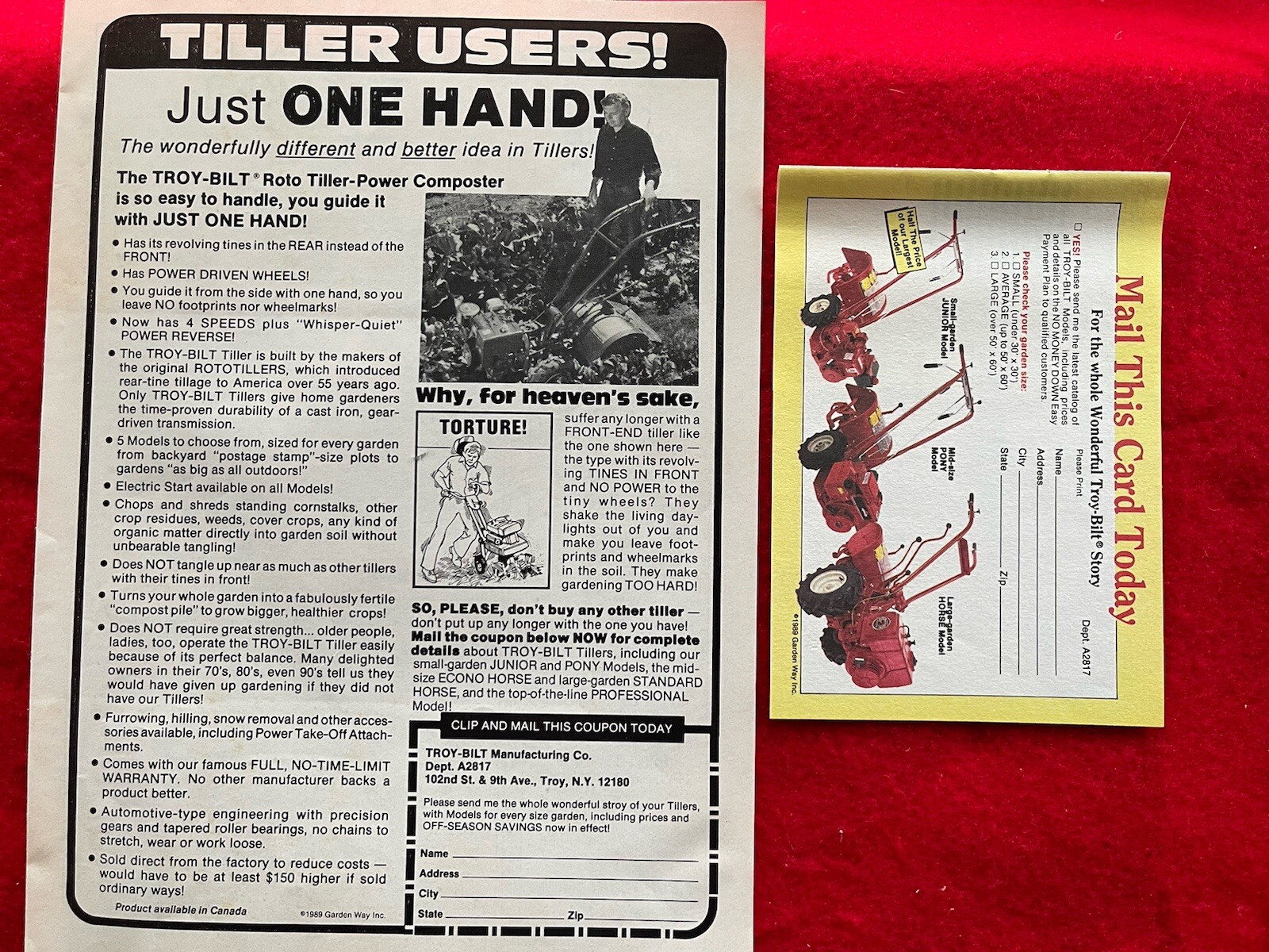 Vintage 1989 Troy Bilt Tiller Print Ad “use one hand”