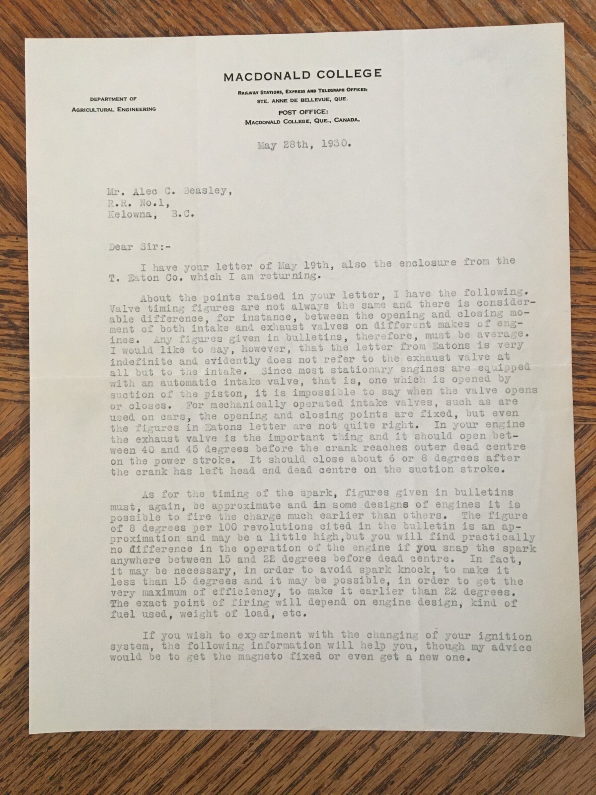Macdonald College Engine Machinery Letter Receipt 1930 Kelowna BC Cattle Ranch