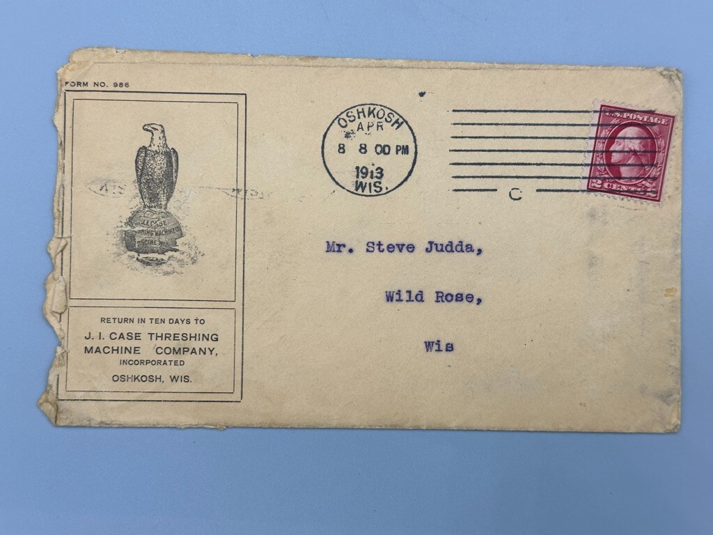 1913 JI CASE THRESHING Machine OSHKOSH WI Postal Cover Letter FARM ADVERTISING