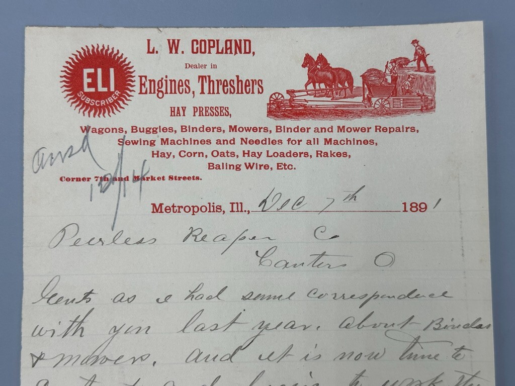 1891 ELI Copland THRESHERS Antique Farm Advertising Letterhead METROPOLIS IL