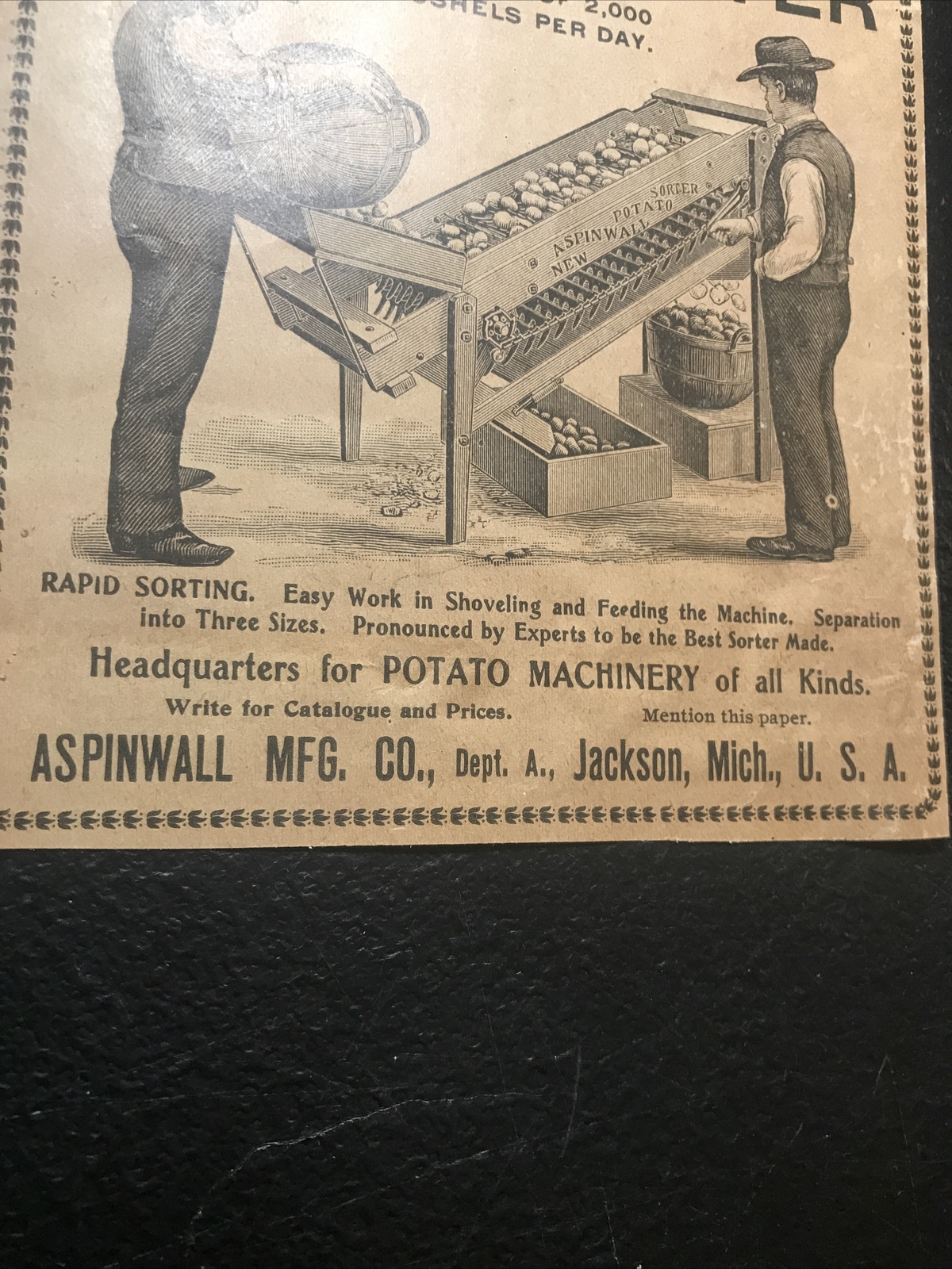 ORIGINAL 1900 Aspinwall Potato Sorter Farm Advertising – Jackson – Michigan