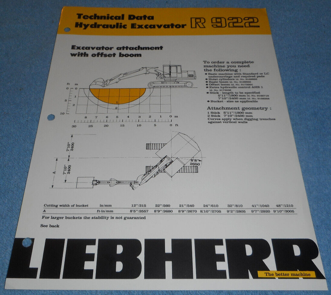 1983 Liebherr R922 Technical Data Hydraulic Excavator Attachment Offset Boom