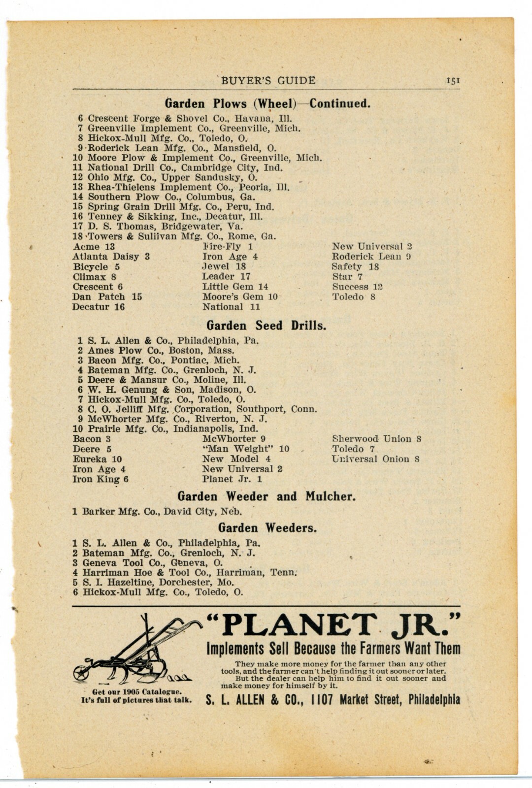 1905 Planet Jr. Farm Implements Ad: Farmers Want Them – S.L. Allen & Co. Phil.