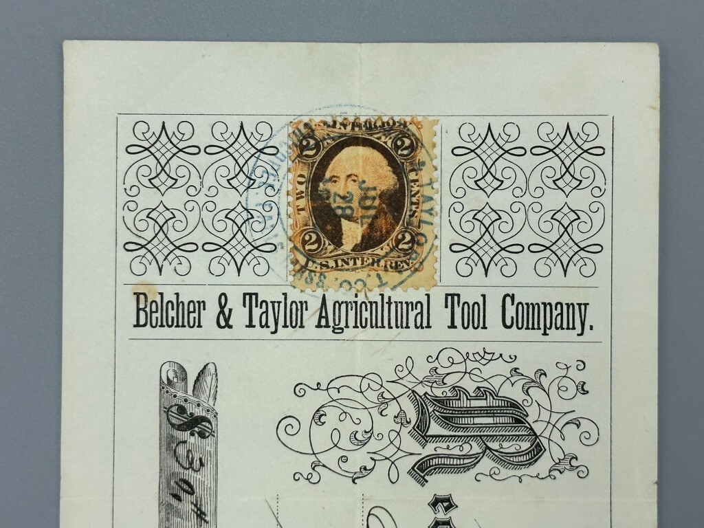 1869 BELCHER & TAYLOR Agricultural Tool FARM Stamp Receipt CHICOPEE FALLS MA