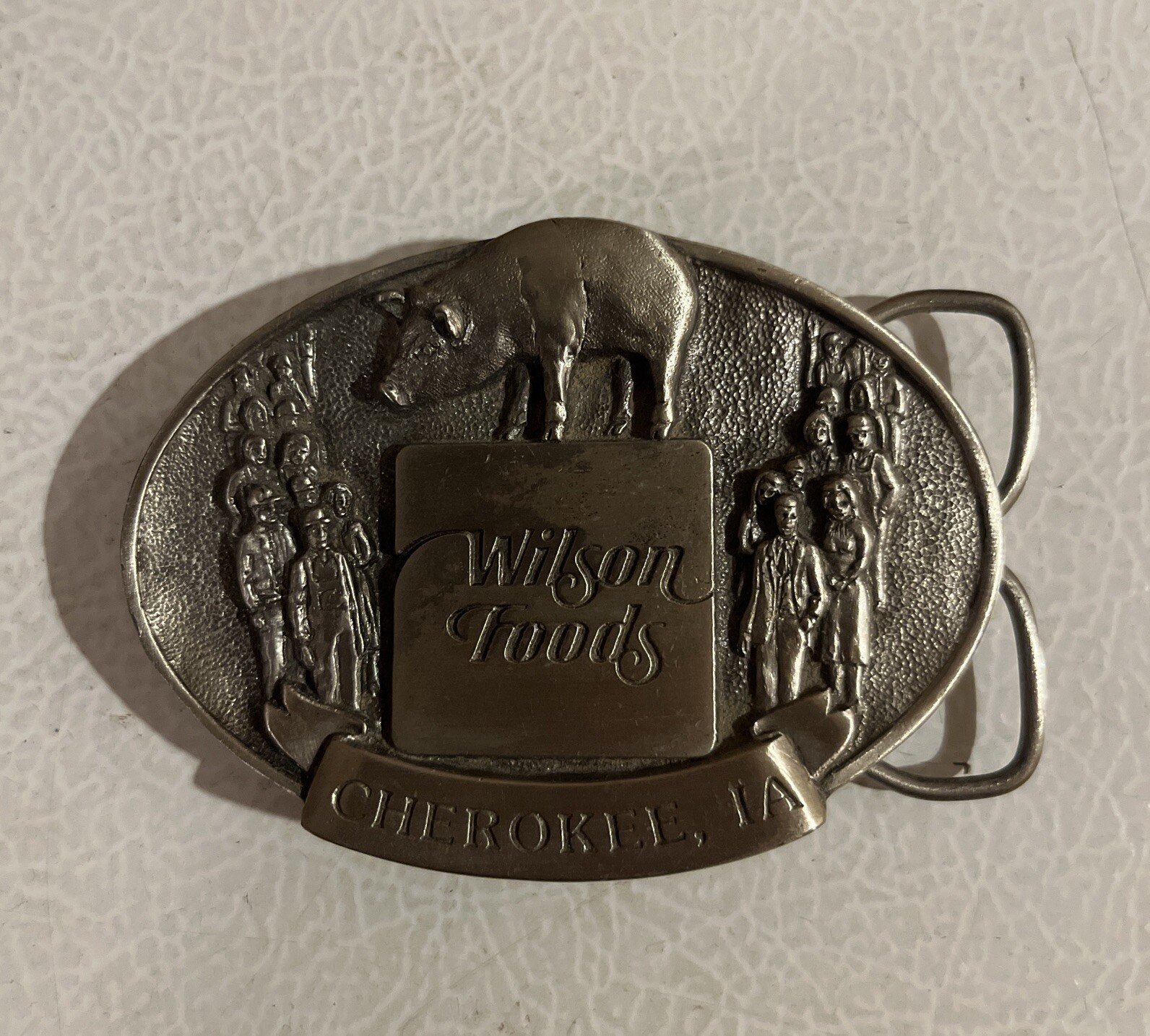 Vintage 1983 Wilson Foods Belt Buckle Employee Cherokee Iowa IA Pig Meat