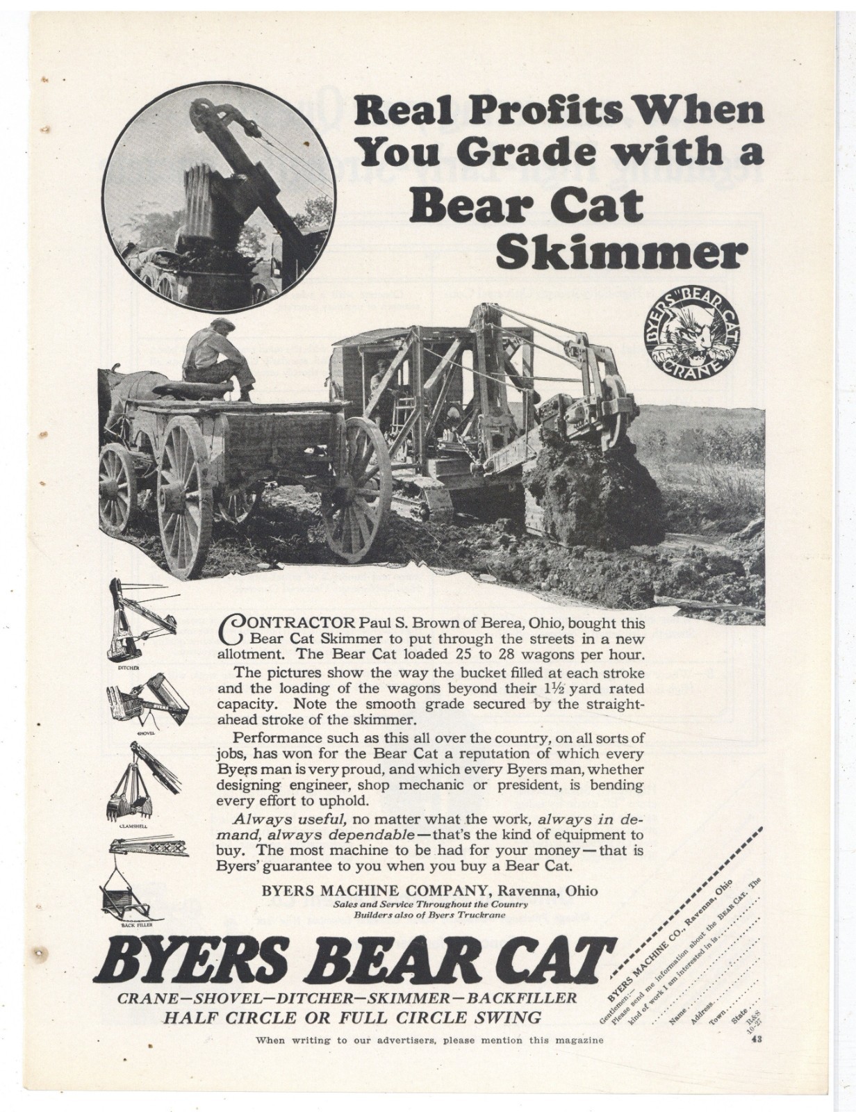 1927 Byers Machine Co. of Ravenna, OhiO Ad: Bear Cat Crane Paul Brown Berea OhiO