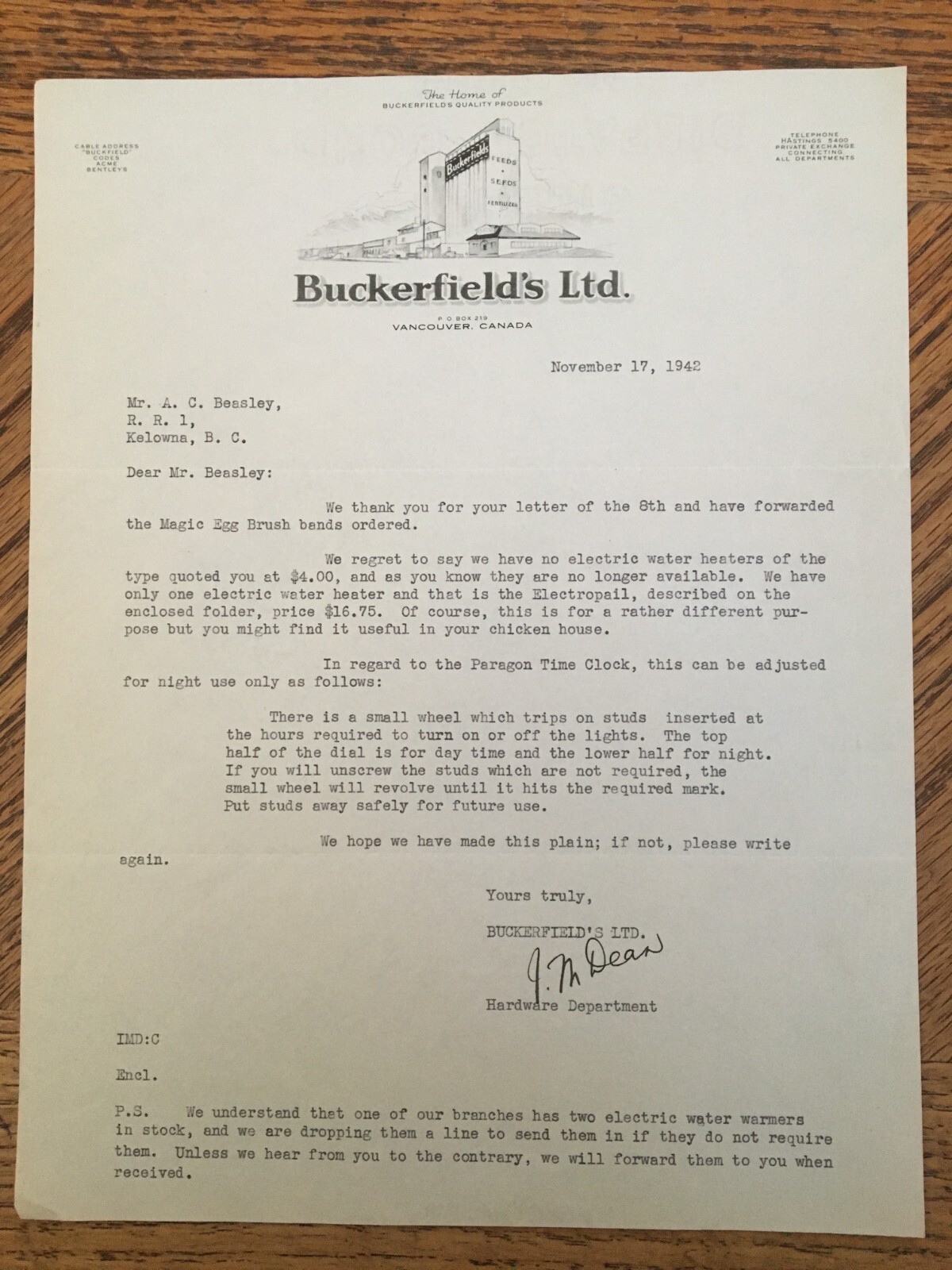 Buckerfields Ltd Farm Tool Machinery Letter Receipt 1942 Kelowna BC Cattle Ranch