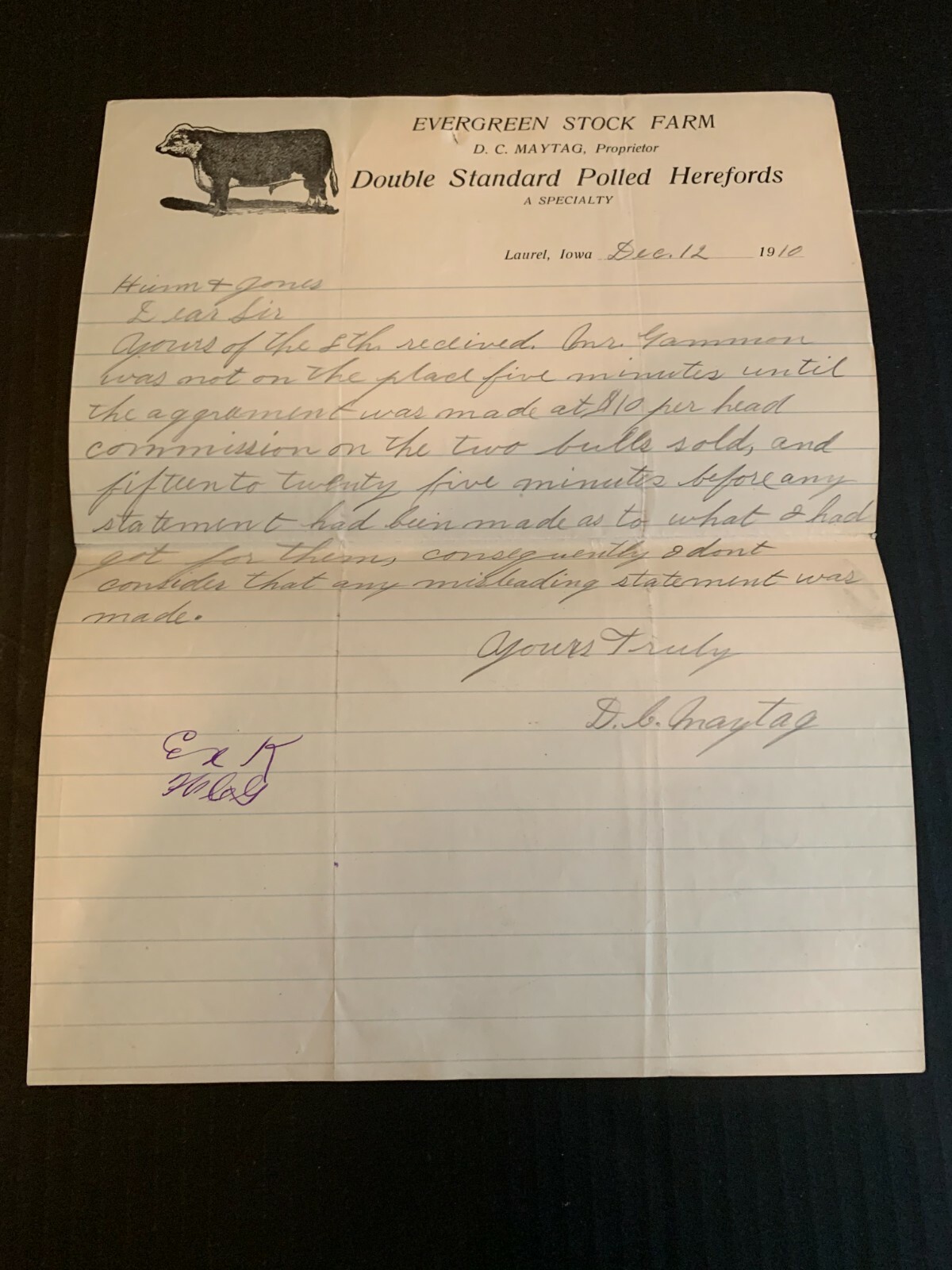 December 12 1910 Evergreen Stock Farms Polled Herefords Letterhead Laurel Iowa