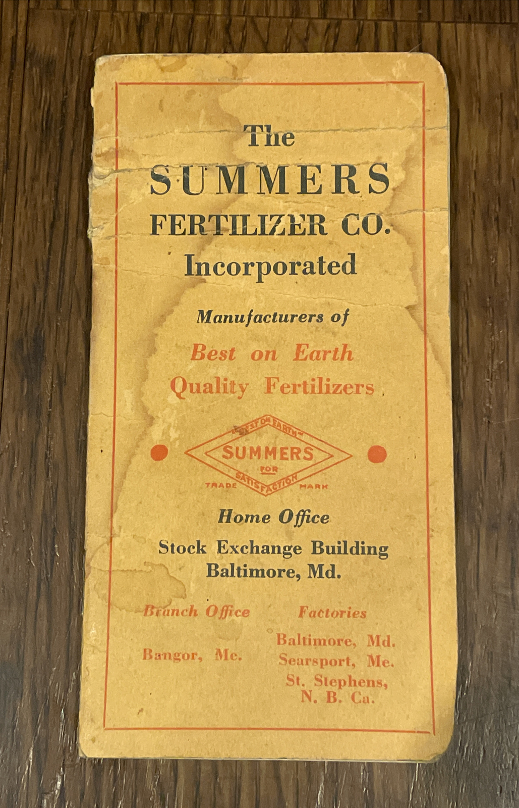 Vintage 1940 Summers Fertilizer Co. Memo Book Notebook Baltimore Md