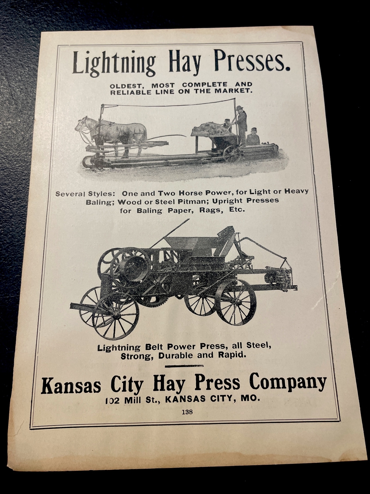 ORIGINAL 1907 Lightning Hay Presses Farm Advertising – Kansas City Hay Press Co.