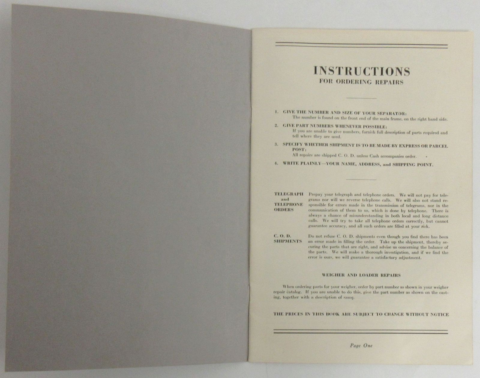 Wood Brothers Thresher Co. Repair Parts List, Instructions & Envelope