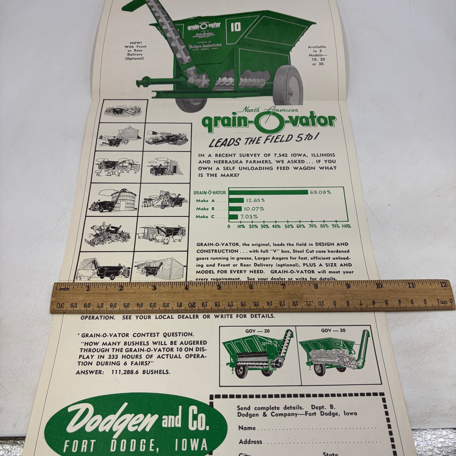 Vintage 1956 Grain-O-Vator Farm Equipment Advertising Poster Brochure Iowa 10×30
