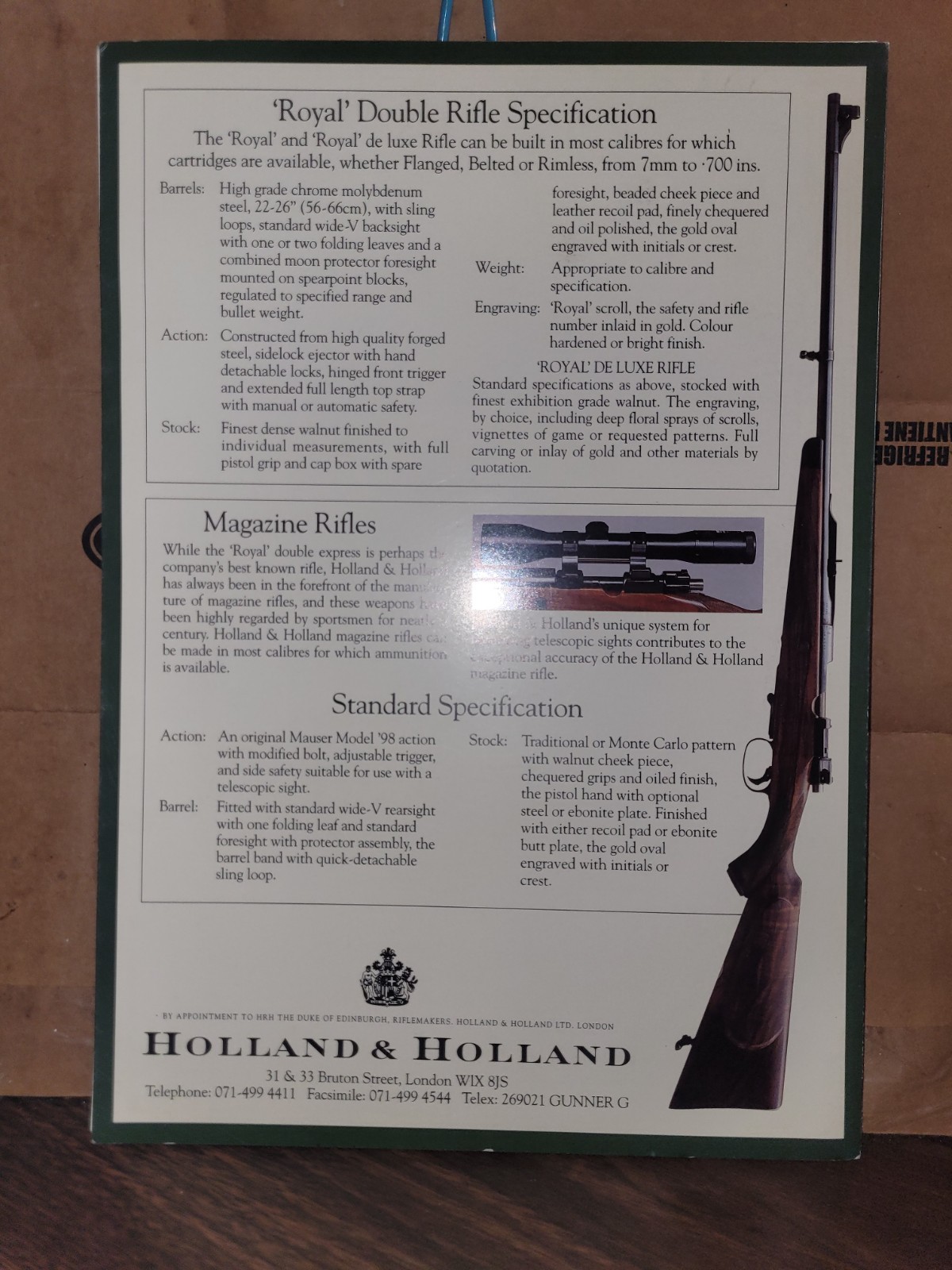 The Holland and Holland Royal Rifle London 1990’s Trifold Advertising Brochure