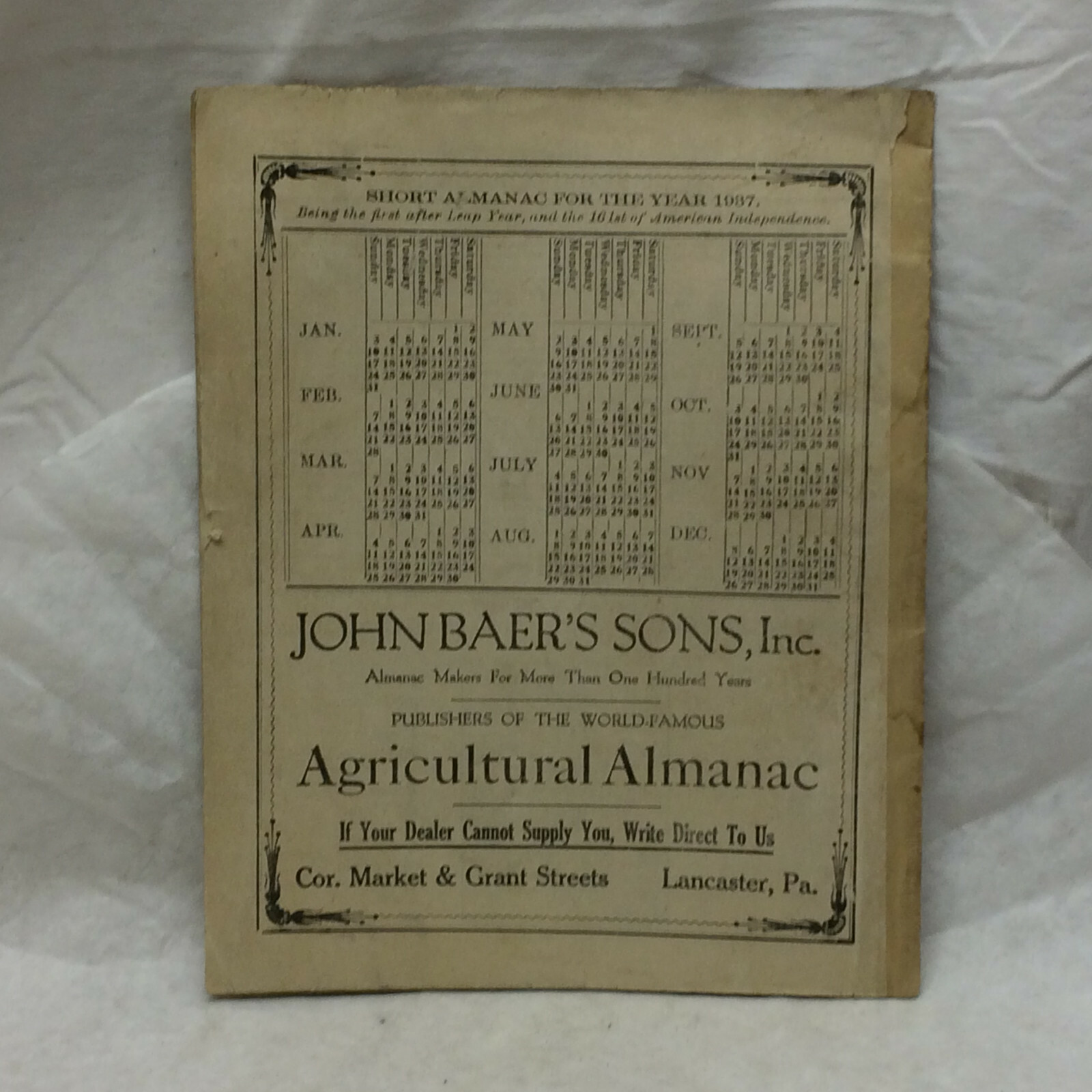 Vintage 1937 John Baer&rsquo;s Sons Lancaster PA Agricultural Almanac