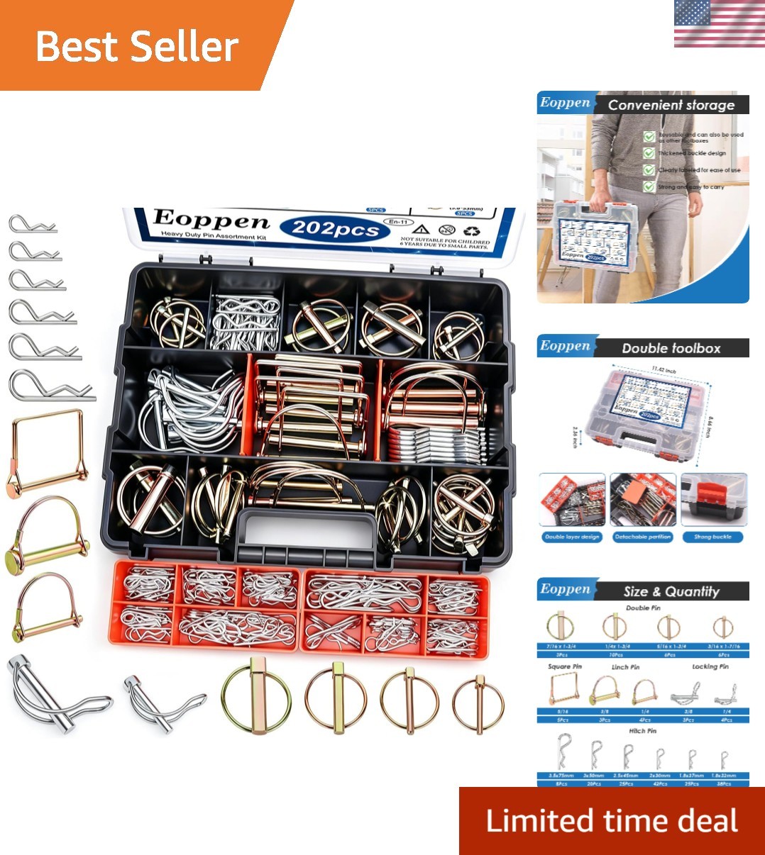 202Pcs Hitch Pins Clip Pins Linch Pins PTO Pins and Shaft Locking Pins Assort…