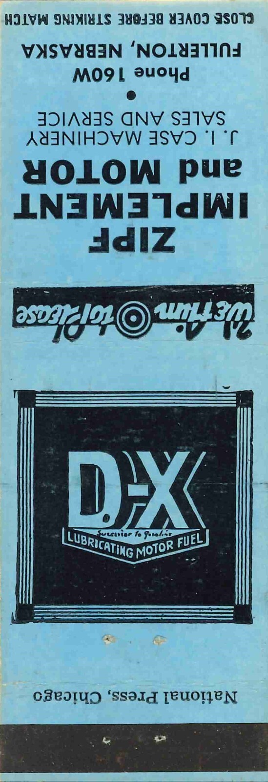 Matchbook Cover D X Motor Fuel J I Case Zipf Implement Co Fullerton Nebraska