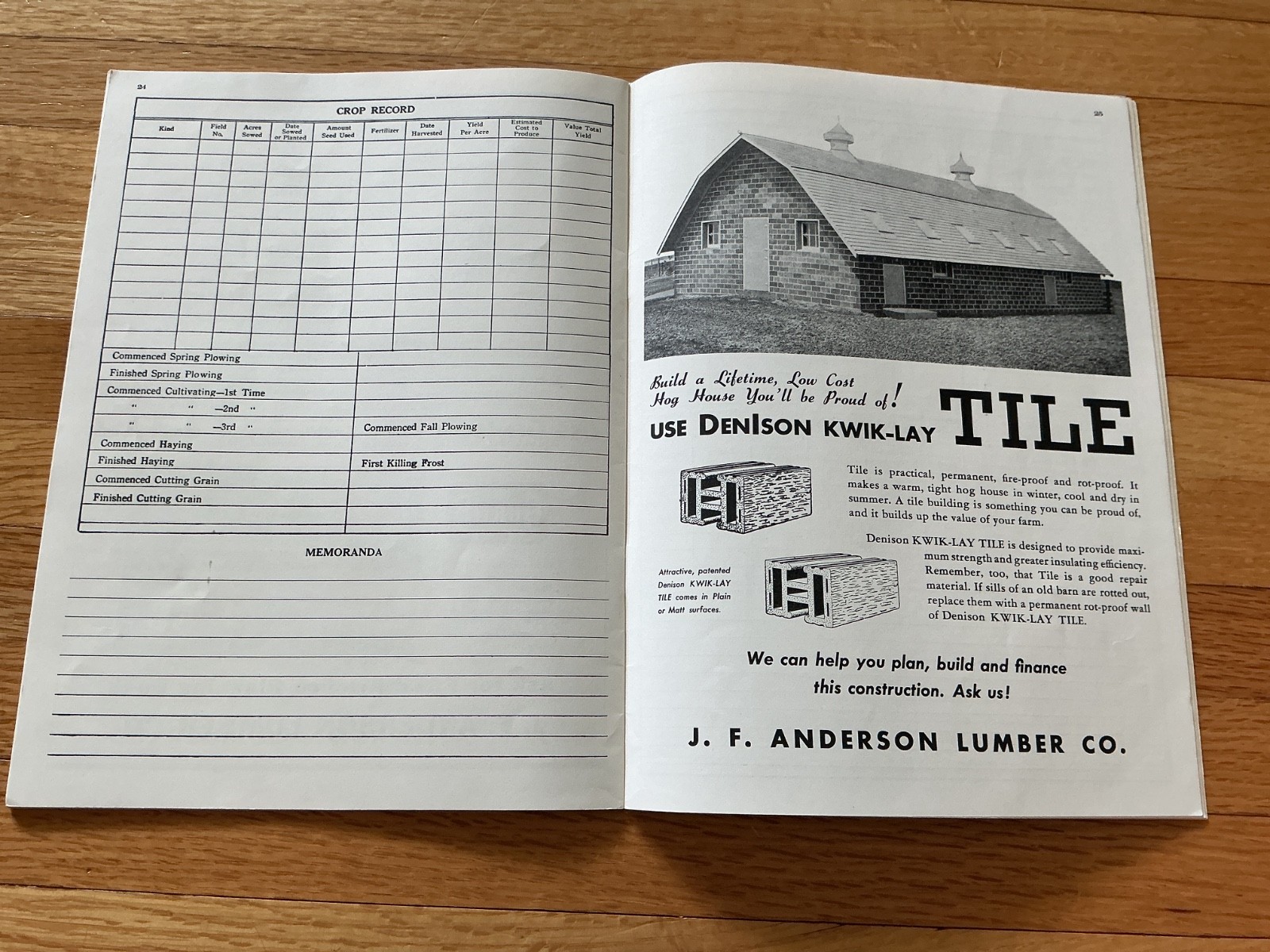 1949 Farm Acct. Record Book – J. F. Anderson Lumber Co. Minnesota, Iowa, Dakotas